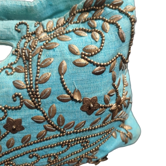 Moyna Beaded Textile Purse Handbag, Teal, Gold Beads - Picture 2 of 12